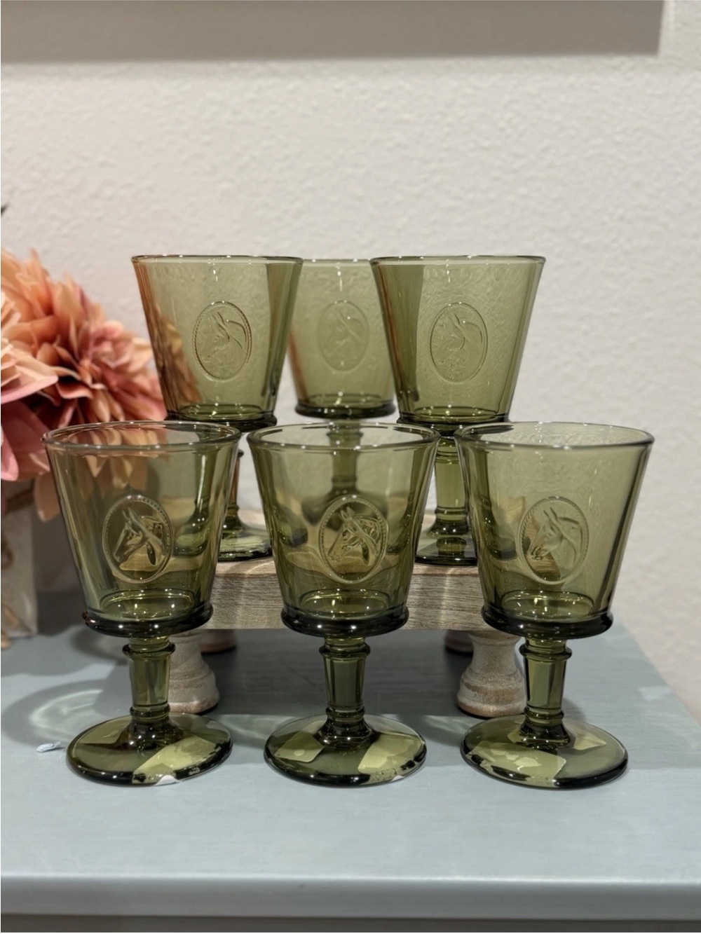 La Rochere Equestrian (Horses) Wine Glasses Olive Green Set-6 French
Goblets